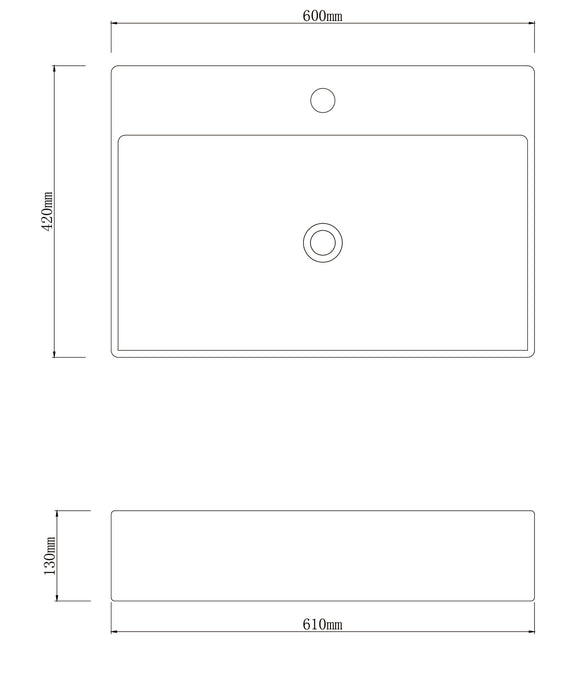 600*420*130mm Infinity Gloss White Ceramic Rectangle With Overflow 1 Tap Hole Above Counter Basins