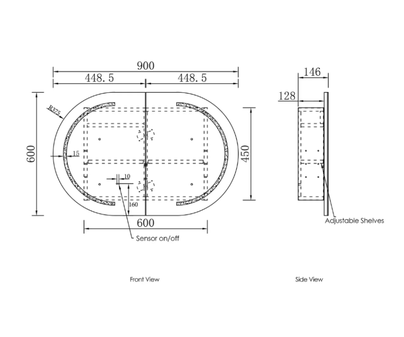 900*600mm OTT Bondi Natural Oak/Black Oak/Matte White Oval Wall Mounted LED Shaving Cabinet