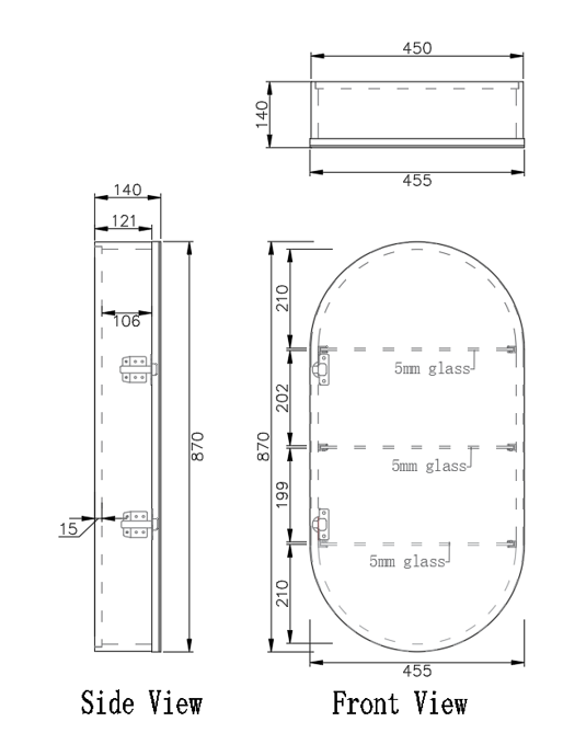 450*870*140mm ABS London Oval Matt Black/Matt Mirror White Shaving Cabinet