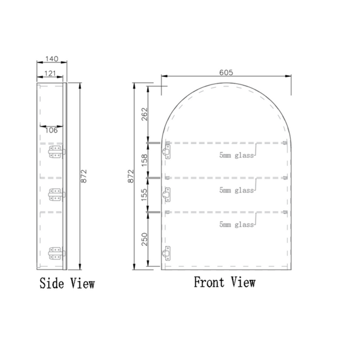 600*870*140mm ABS London Matt Black/White Arch Mirror Shaving Cabinet