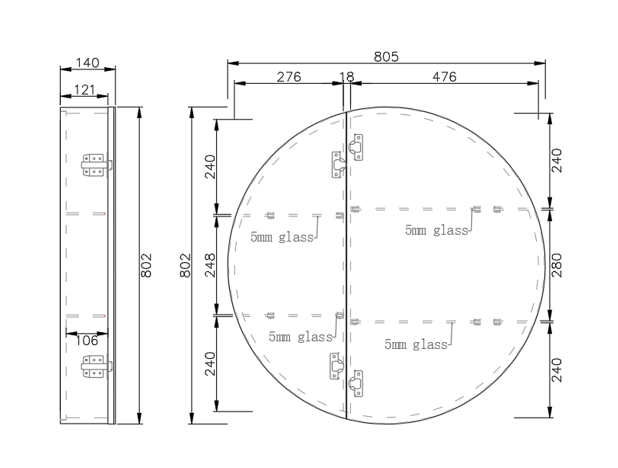 800*800*140mm ABS London Matt Black/Matt White Round Copper-free Mirror Shaving Cabinet