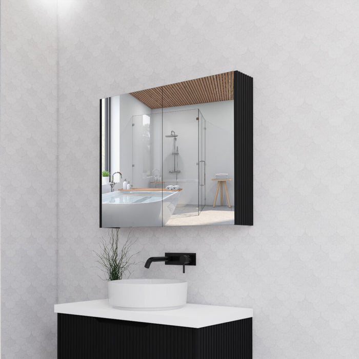 450-1500*720*150mm ABS Geneva Fluted Wall Hung Oak Timber Matt Black Mirror Shaving Cabinet