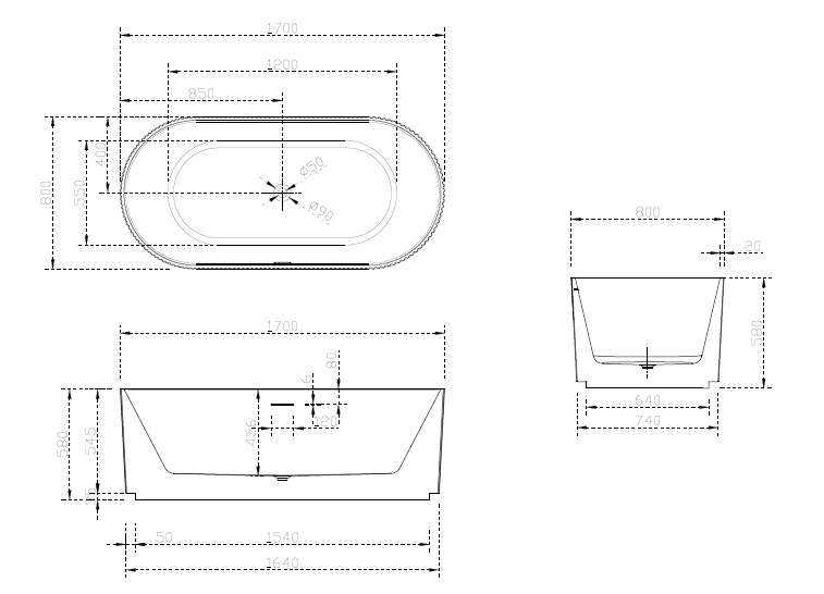 1500/1700*750/800*580mm ABS Oslo Gloss White/Matt Black Oval Shape Acrylic V-Groove Freestanding Bathtub