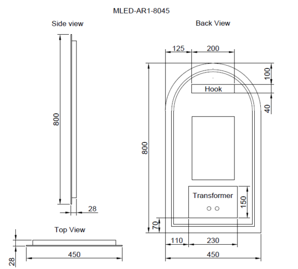 800*450/900*600mm AR1 Three Color Lights Frameless With Defogging Function and Dimmer Easy Hook LED Mirror