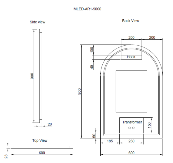 800*450/900*600mm AR1 Three Color Lights Frameless With Defogging Function and Dimmer Easy Hook LED Mirror