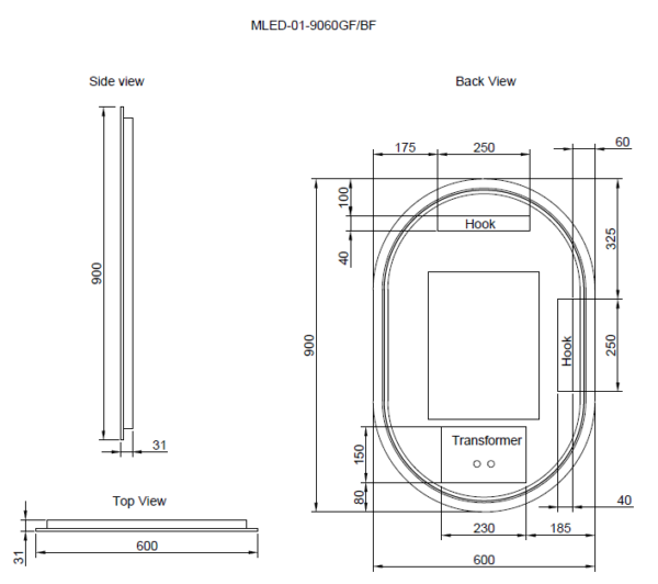 900/1200mm ABS Gold/Black Three Colors O1 Oval with Defog and Dimmer LED Mirror