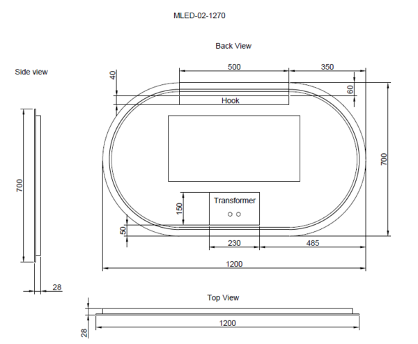 900-1200*45mm ABS O2 Three Color Lights Oval Frameless With Defogging Function and Dimmer Easy Hook LED Mirror