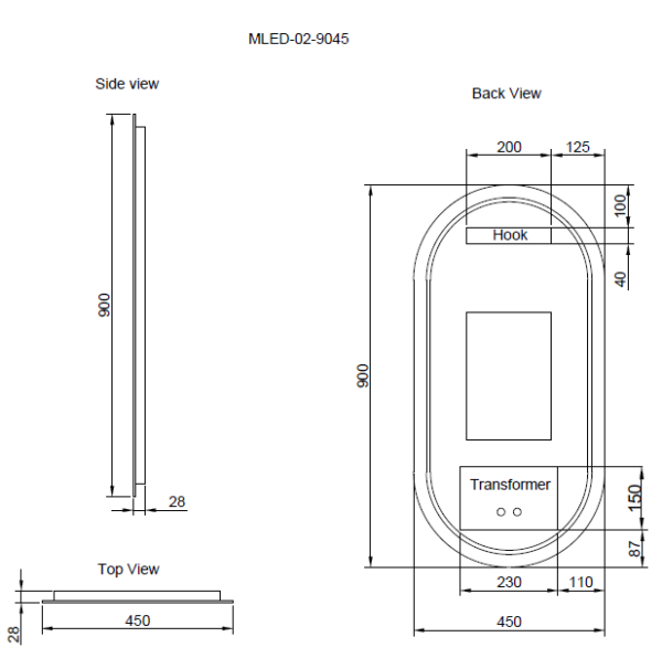 900-1200*45mm ABS O2 Three Color Lights Oval Frameless With Defogging Function and Dimmer Easy Hook LED Mirror