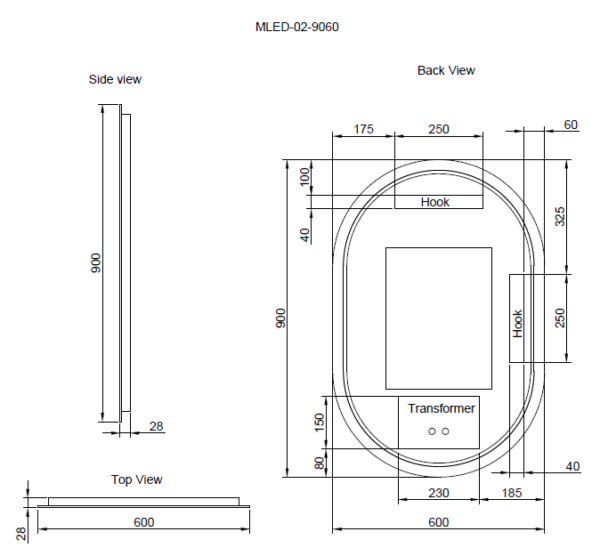 900-1200*45mm ABS O2 Three Color Lights Oval Frameless With Defogging Function and Dimmer Easy Hook LED Mirror