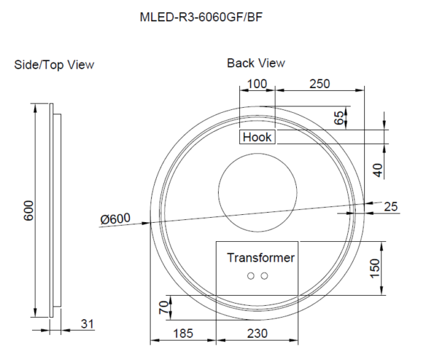 600/800mm ABS Gold/Black R3 Round With Easy Hooks and Dimmer LED Mirror