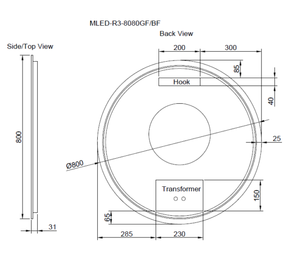 600/800mm ABS Gold/Black R3 Round With Easy Hooks and Dimmer LED Mirror