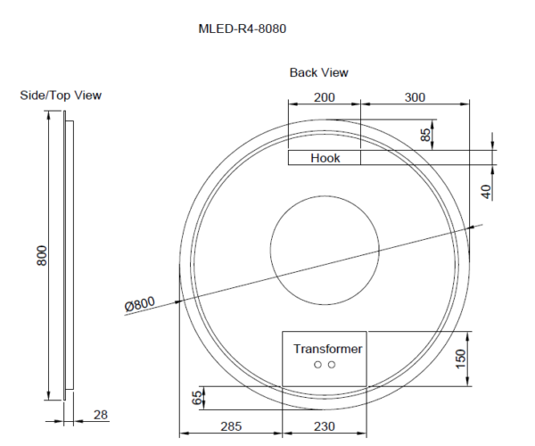 600-800mm ABS R4 Three Color Lights Backlit Round Frameless With Defogging Function Easy Hook LED Mirror