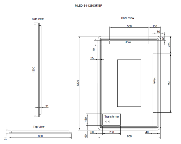 900/1200mm ABS Gold/Black S4 Rectangle Square with Easy Hooks and Dimmer LED Mirror