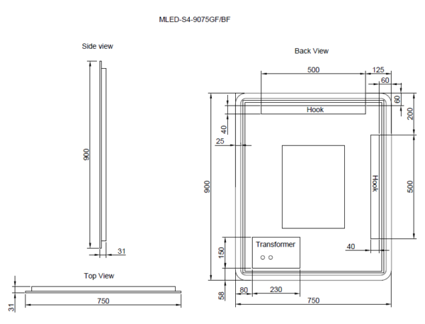 900/1200mm ABS Gold/Black S4 Rectangle Square with Easy Hooks and Dimmer LED Mirror