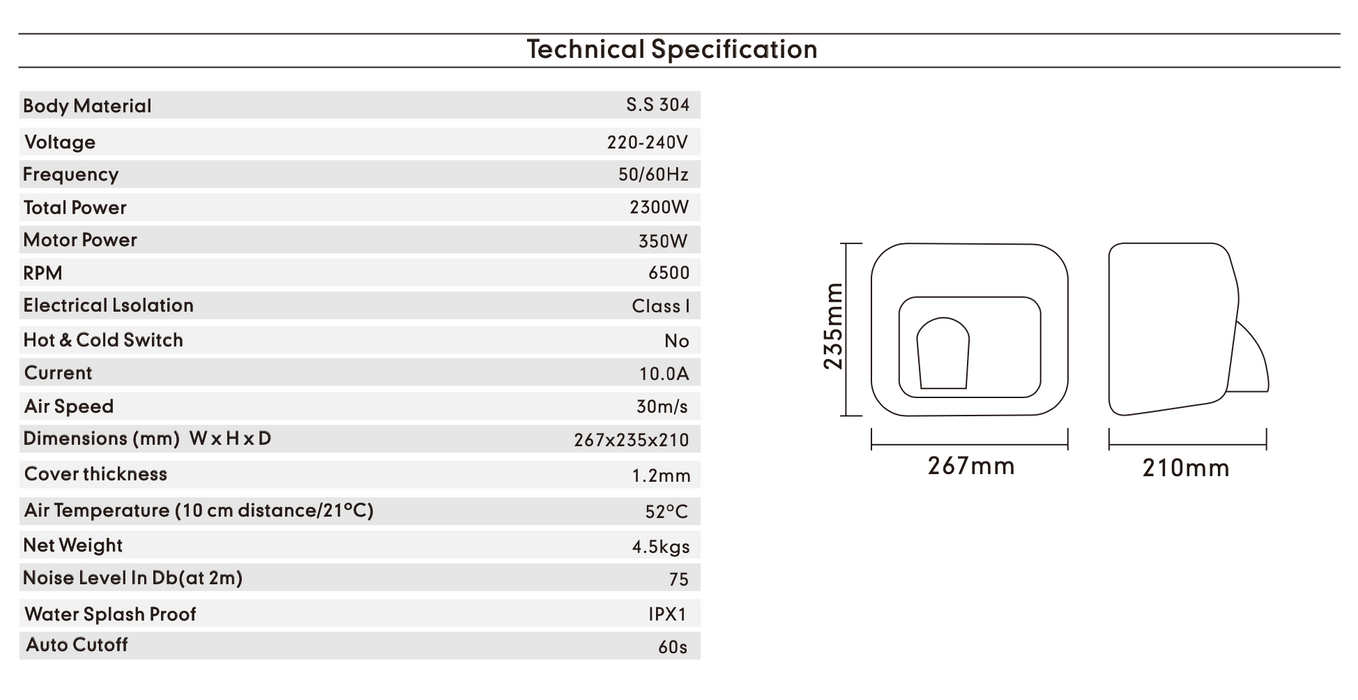 267*235*210mm MY 304 Stainless Steel 2300W Automatic commercial Hand Dryer