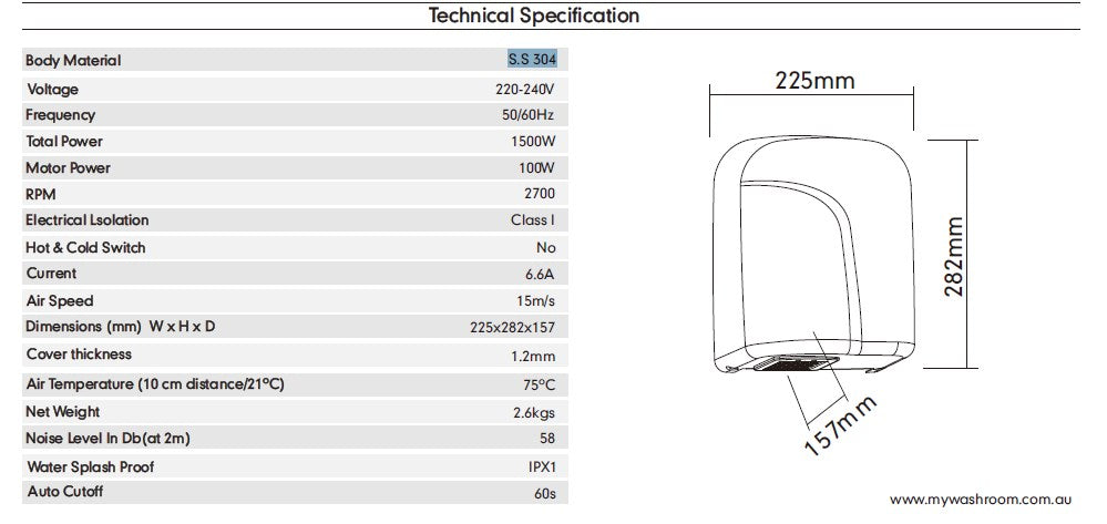 245*220*420mm MY 304 Stainless Steel Touchless Automatic Operation Ensures Hygienic Hand Dryer