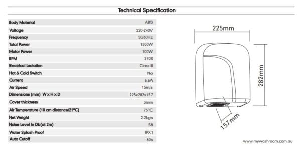 225x282x157mm MY White ABS Touchless Automatic Operation Ensures Hygienic Hand Dryer