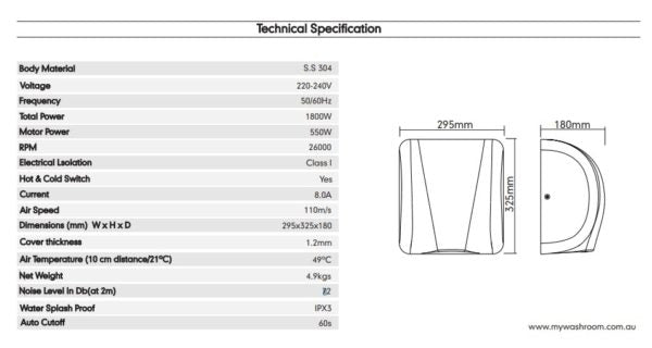 295x325x180mm MY 304 Stainless Steel Touchless Sensor High Speed Hand Dryer