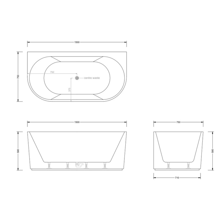 1500-1700*750mm Broadway Mallorca Fluted 10 Jets Matt Black Back To Wall Spa Bathtub