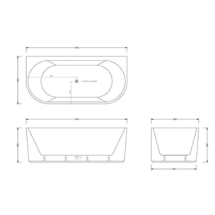 1500-1700*750mm Broadway Mallorca Fluted 10 Jets Matt Black Back To Wall Spa Bathtub