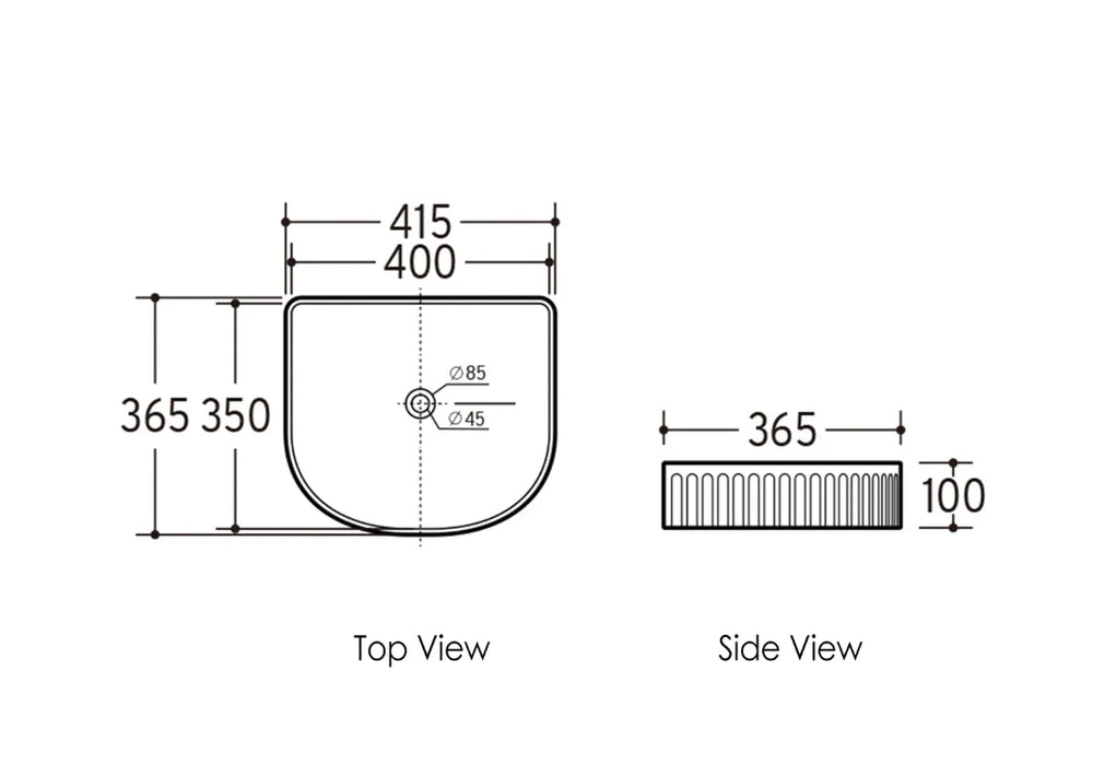 415*365*100mm OTTI Gloss White/ Matt Black/ Matt White Arch Ceramic Fluted Above Counter Basin