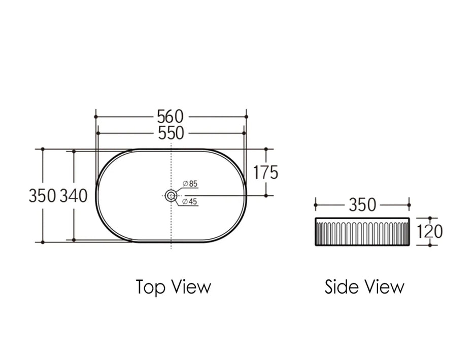 560*350*120mm OTTI Kensington Gloss White/Matt Black/Matt White Oval Ceramic Fluted Above Counter Basin