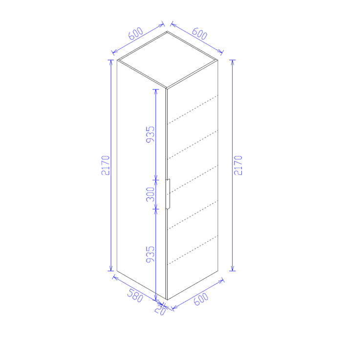 600*600*2300mm Satin White One Door Finger Pull Pantry