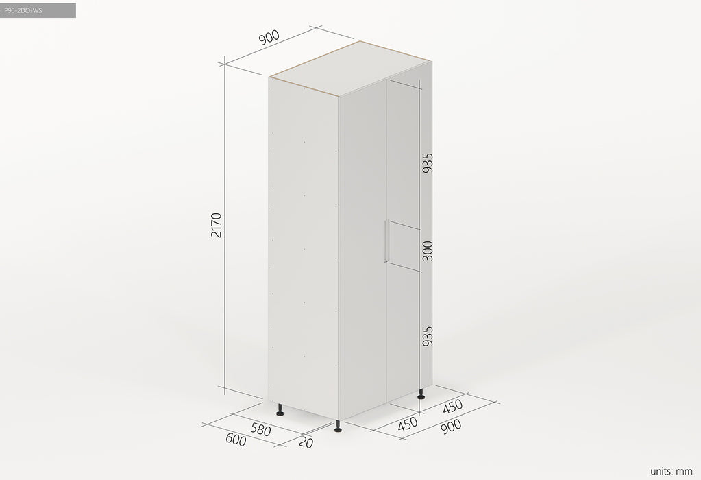 900*600*2300mm Satin White Finger Pull Two Door Pantry