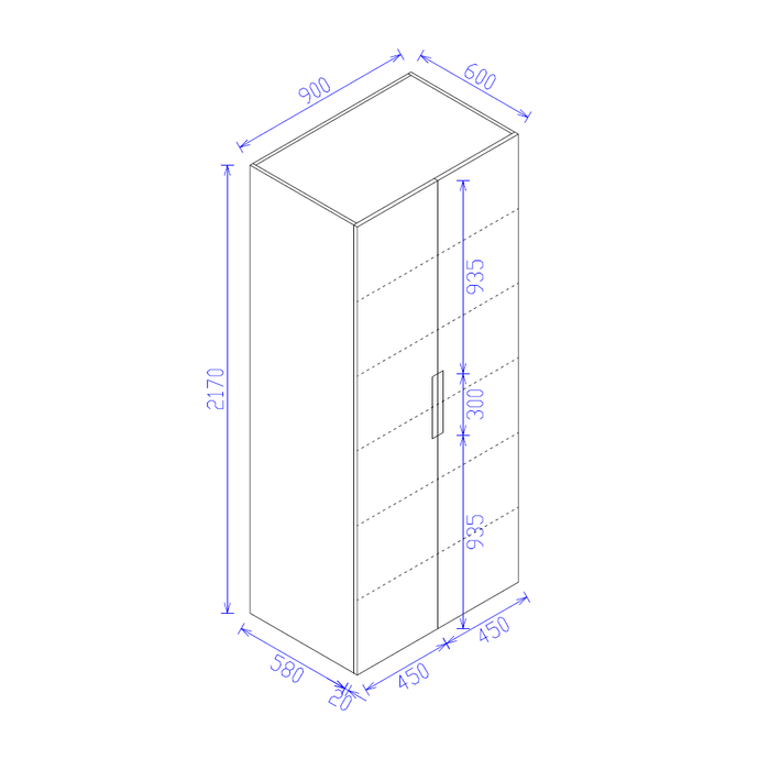 900*600*2300mm Satin White Finger Pull Two Door Pantry