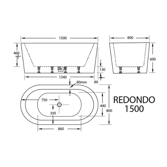 1500-1700*800*600mm Broadway Redondo White Oval 12 Jets Acrylic Freestanding Spa Bathtub