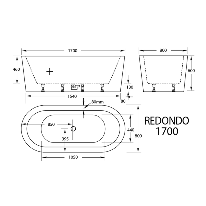 1500-1700*800*600mm Broadway Redondo Gloss White Acrylic Oval Freestanding Bathtub