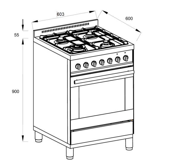 600mm Dilusso Freestanding With 4 Sabaf Gas Burners Dual Fuel Cooker