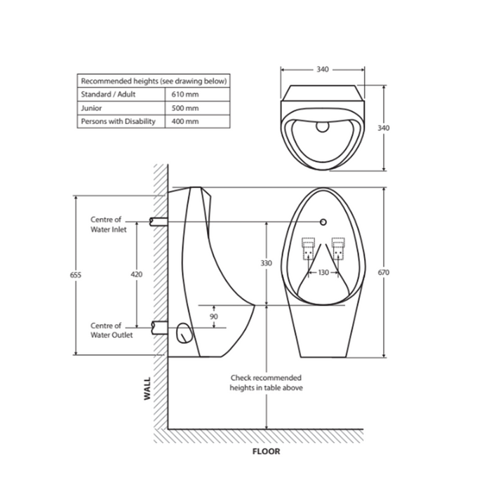 670*340*340mm Fienza Isabella Gloss White Single Stall Urinal Kit with Zip FlushMaster