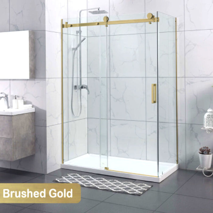 1180-2000x2000mm L Shape Sliding Frameless Brushed Gold Square Rail Handle 10mm Glass Shower Screens