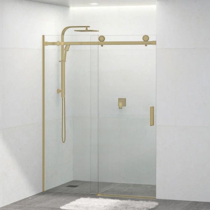 1180-2000x2000mm COV Wall to Wall Sliding Door Frameless Light Gold Stainless Steel Square Handle 10mm Glass Shower Screens