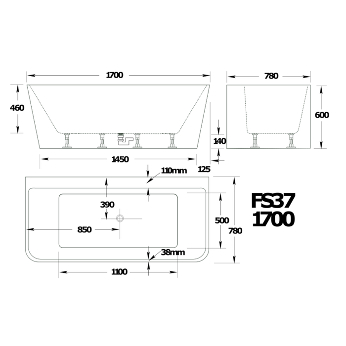 1500-1700mm Broadway FS37 SPA Gloss White/Black Rectangle 12 Jets Back To Wall Spa Bathtub