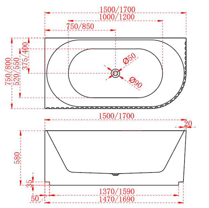 1500/1700mm ABS Roma Riva Gloss or Matt White Oval Sharp Flute Profile Corner Bathtub