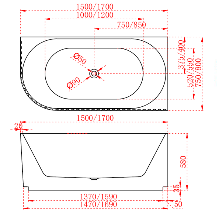 1500/1700mm ABS Roma Riva Gloss or Matt White Oval Sharp Flute Profile Corner Bathtub