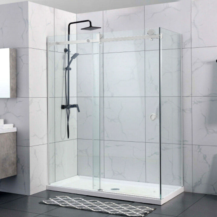 870-1180x2000mm Sliding L Shape Frameless Chrome SS304 Square Rail 10mm Glass Embedded Circle Handle Shower Screens