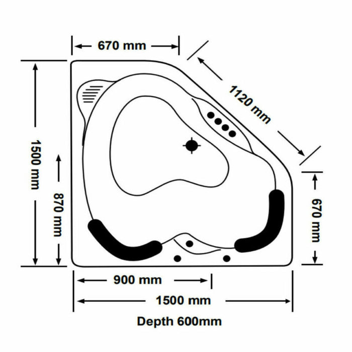 1500*1500*600mm Broadway Sapphira 18 Jets Acrylic Diamond Corner Spa Bathtub