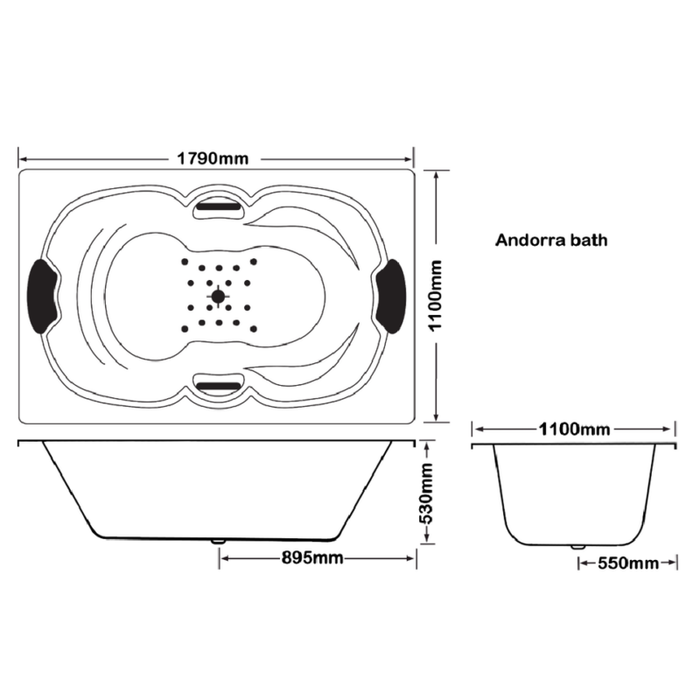 1790*1100*530mm Broadway Andorra 8/12/16 Jets White Acrylic Drop In Spa Bathtub