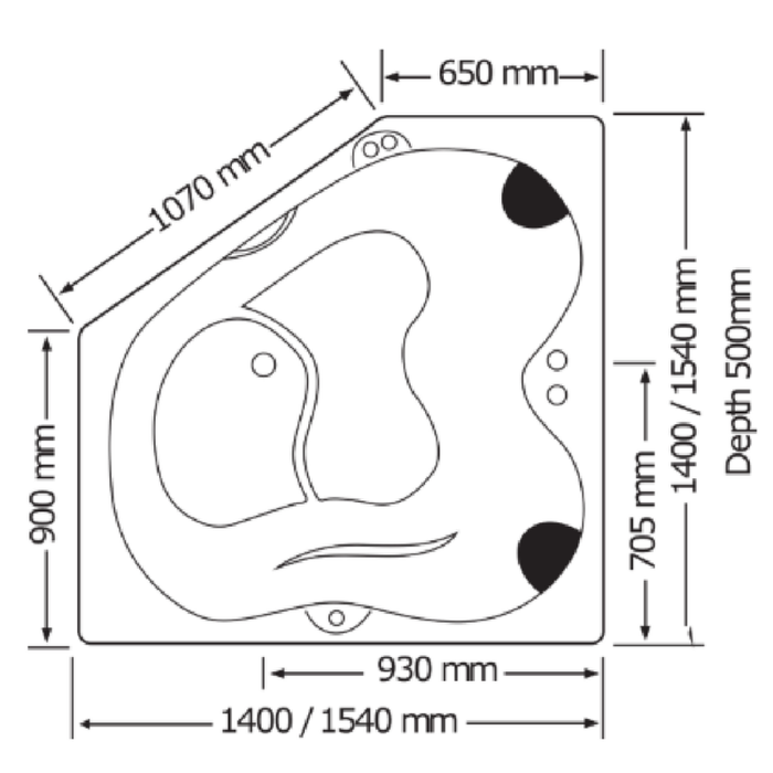 1400*1400/1540*1540*500mm Broadway Karmen 28 Jets Acrylic Diamond Corner Spa Bathtub