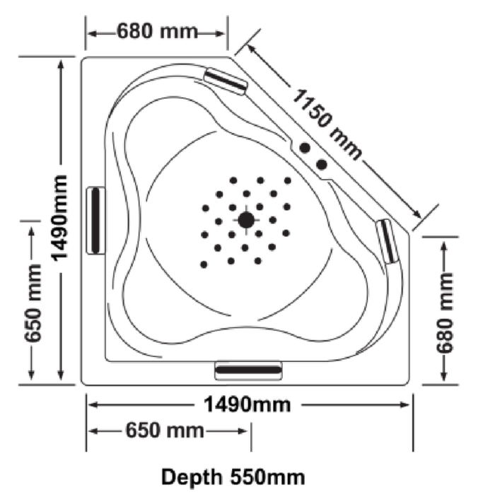 1490*1490*550mm Broadway Alhambra 7/11/15 Jets Acrylic Diamond Corner Spa Bathtub