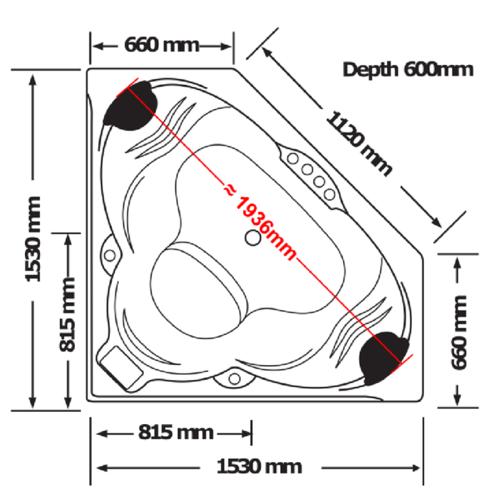 1530*1530*600mm Broadway Cordoba 20 Jets Acrylic Diamond Corner Spa Bathtub