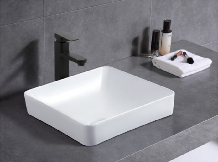 370x370x140mm ABS Stella Gloss White/Matt Black Ceramic Soft Square Semi-Inset Basin