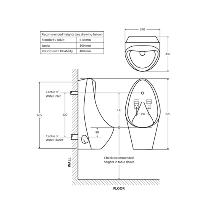 670*340*340mm Fienza Gloss White Isabella Wall-Hung Urinal